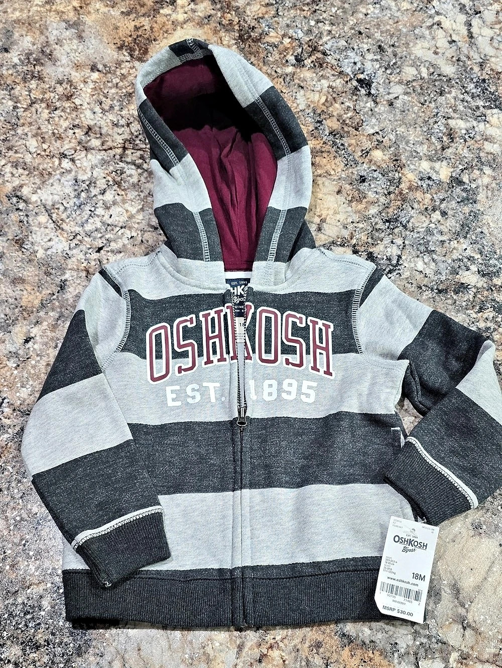 OshKosh B’gosh Baby Striped Hooded Jacket Gray & Black NWT